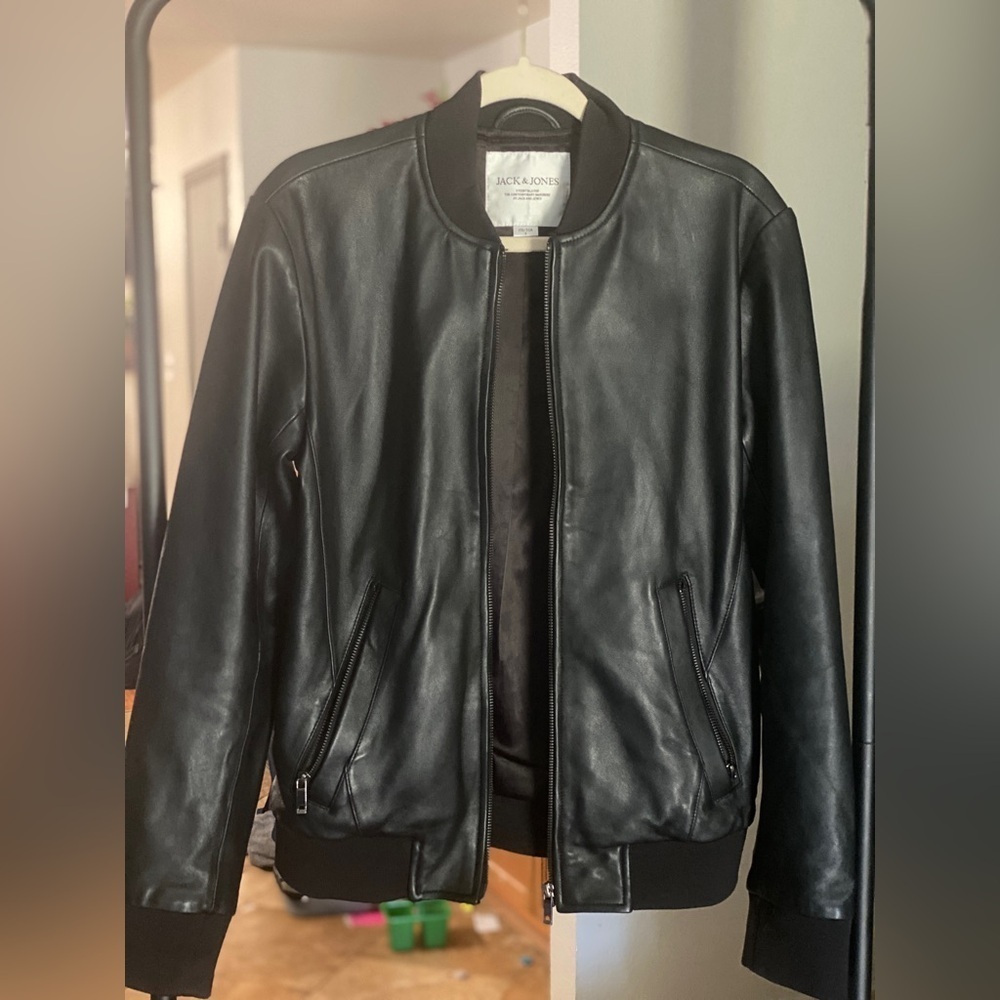 Jack Jones Mens Black Leather Jacket Genuine Buttery Leather Soft Motorcycle S - Picture 2 of 9